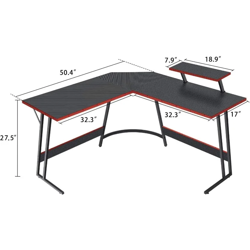 L Shaped Gaming Desk, Corner Desk with Monitor Stand, for Home Office , Space-Saving, Easy Assemble(Black,51'')