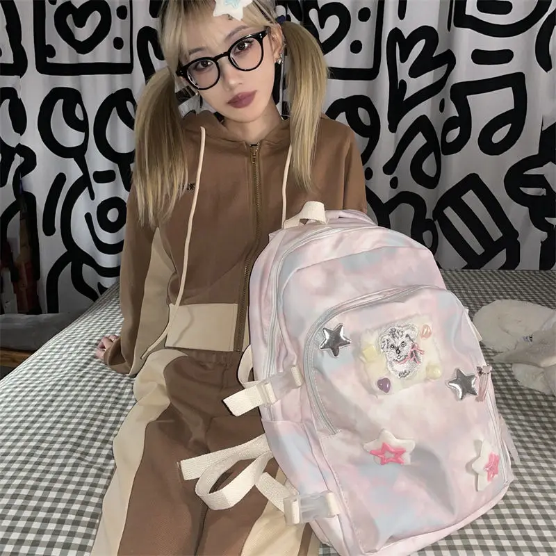 Miyagawa Cute Girls Versatile Large Capacity Backpack Pink Tie Dyed Backpacks High School and College Students' Schoolbags