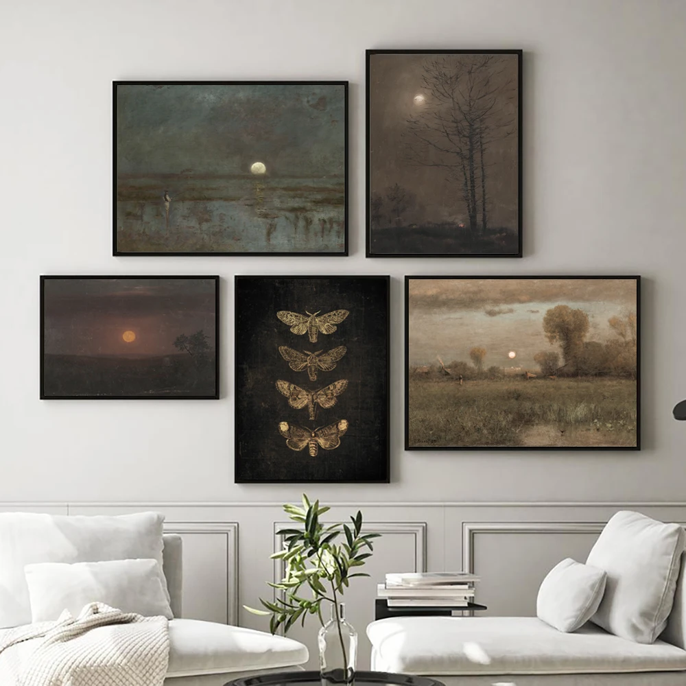 Full Moon Spooky Gothic Wall Art Canvas Print Halloween Home Decoration Vintage Haunted House Painting Moody Wall Pictures