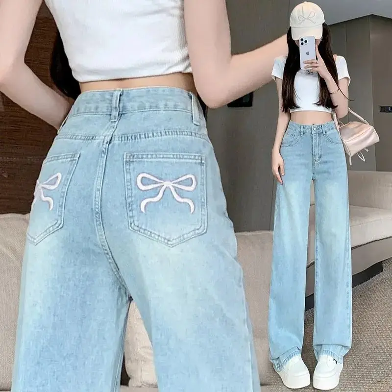 Women's Bow Embroidered Jeans Women's Summer Light Blue Straight Pants High Waist Drop Loose Wide Leg Floor Pants
