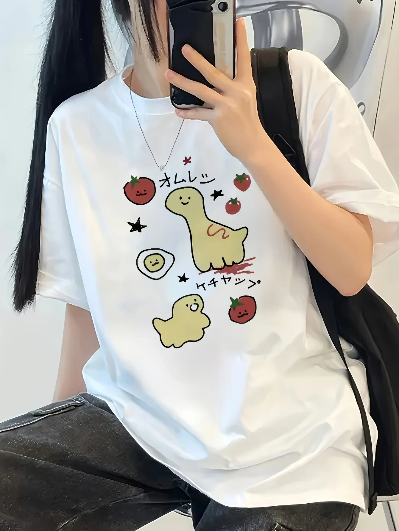 2025 Summer New Fun Tomato Strawberry Pattern Printed T-shirt Women's Casual Loose Breathable Round Neck White T-shirt Vintage