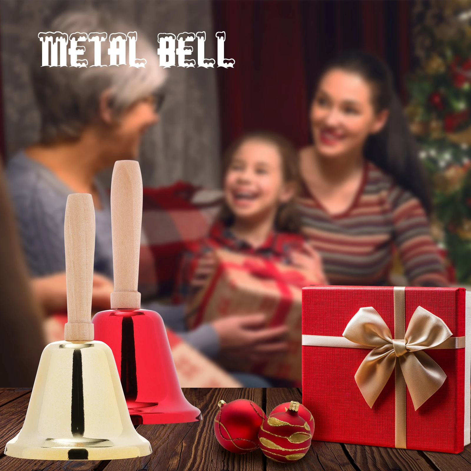 Cloches à main de noël en fer, 2 pièces, artisanat élégant et moderne, manche en bois, facile à tenir, Camping, randonnée, vacances