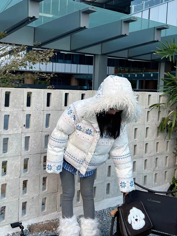 Outono inverno feminino geométrico peludo com capuz manga longa solto algodão acolchoado casaco senhora casual quente acolchoado curto outwear