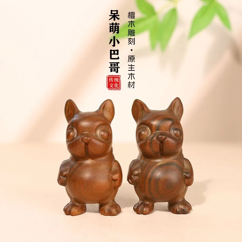 Green Sandalwood Pug Hand Carving Chubby Wenwan Craft Gift for Women Birthday Present Natural Wooden Figurine Decorative Statue