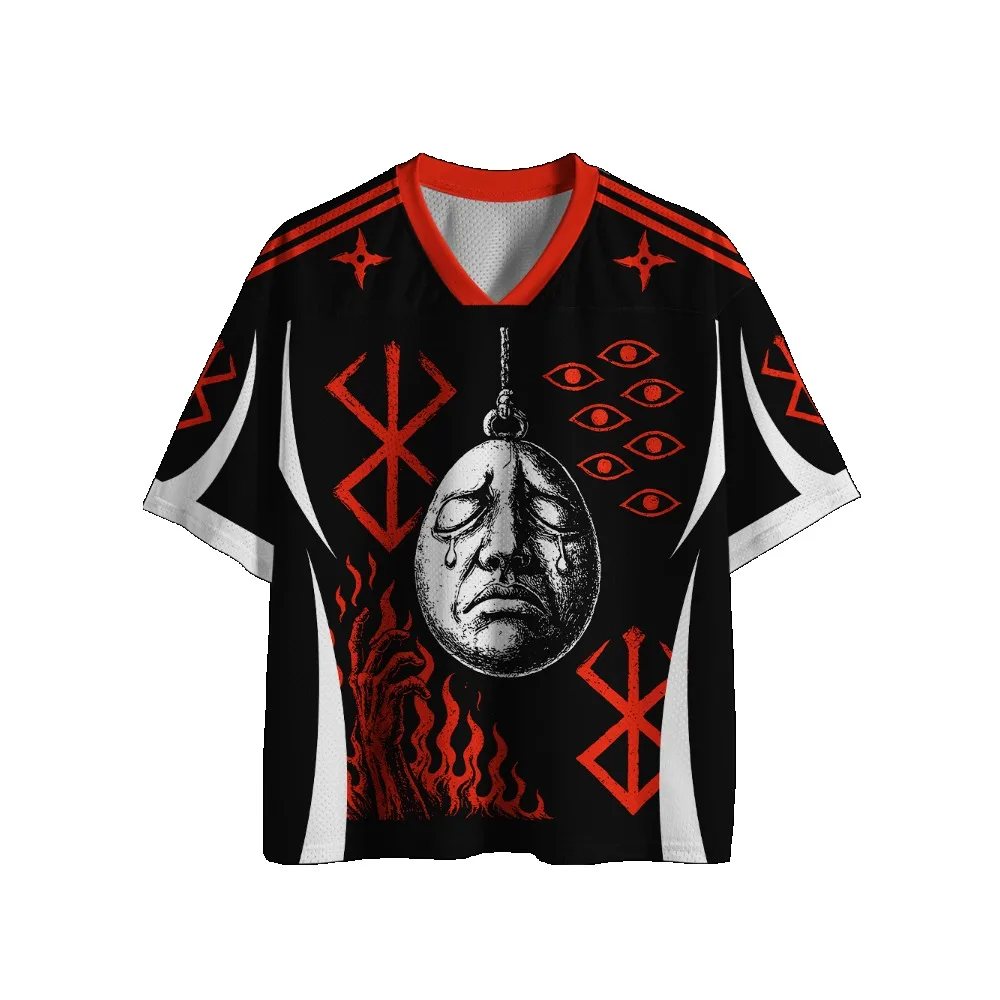 Gothic Football Jersey Vintage Print V‑Neck Short Sleeve Cropped Jersey Y2K Alt Punk Streetwear Harajuku Oversized Sport Tee