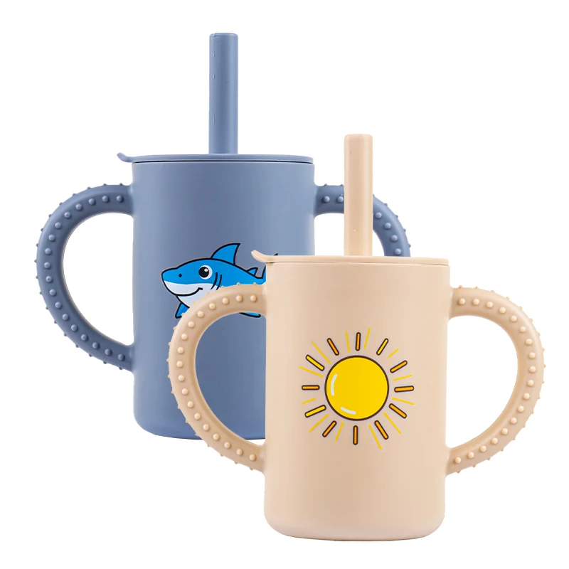 180ml Cartoon Printed Silicone Learning Drinking Cup, Double-Handle Anti-Choking Straw Cup, Baby Anti-Fall Training Water Cup