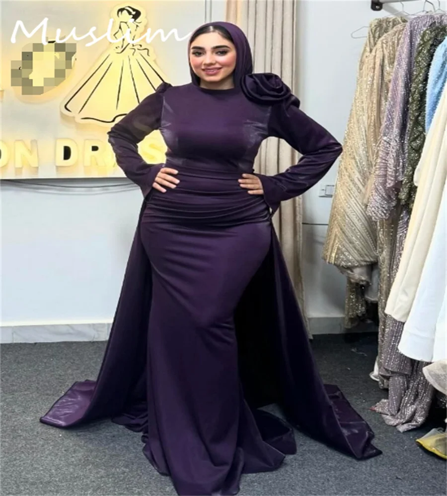 Elegante vestido de noite islâmico muçulmano com overskirt trem plus size sereia dubai abaya vestido de baile florais formal personalizado