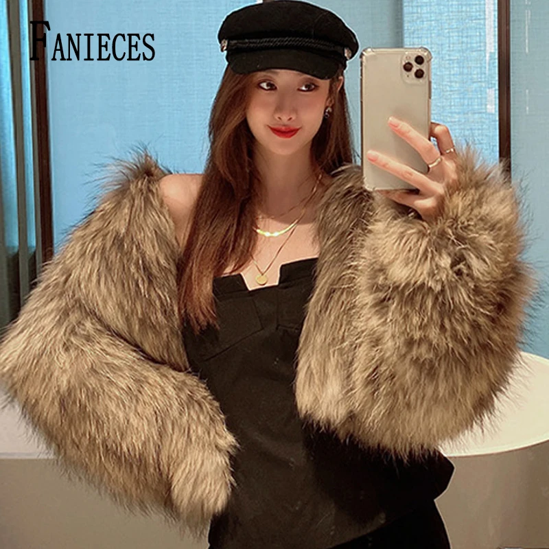 

FANIECES Luxury Fluffy Short Coat Faux Fox Fur Jacket Women Winter Warm Plush Outerwear Casual Streetwear Luxury Party Overcoat