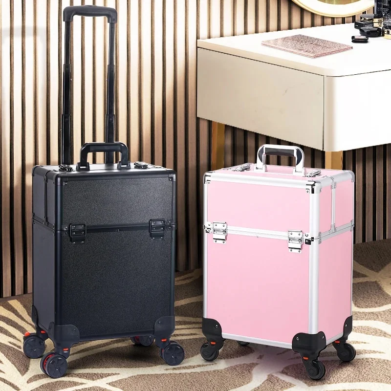 TravelRolling Makeup Train Case Large Capacity Cosmetic Trolley, Aluminum Professional Travel Case with Key