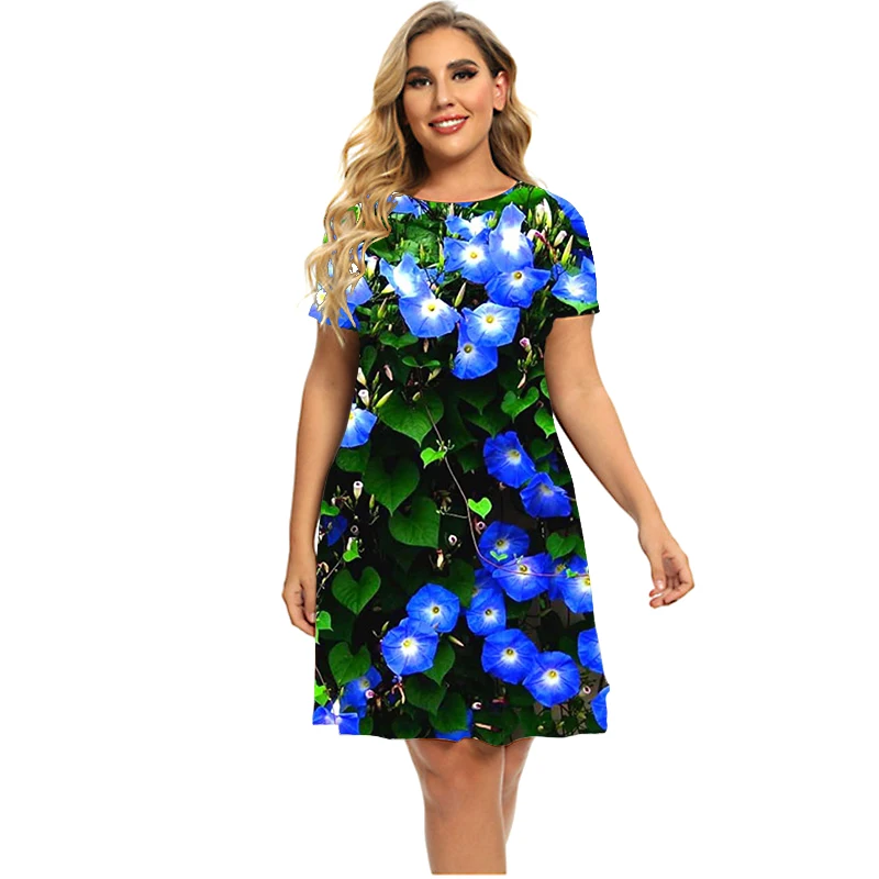 2023 New Women Dresses Plus Size Summer Plant Flowers 3D Print Short Sleeve Dress Casual O-Neck A-Line Sundress 5XL 6XL Clothing