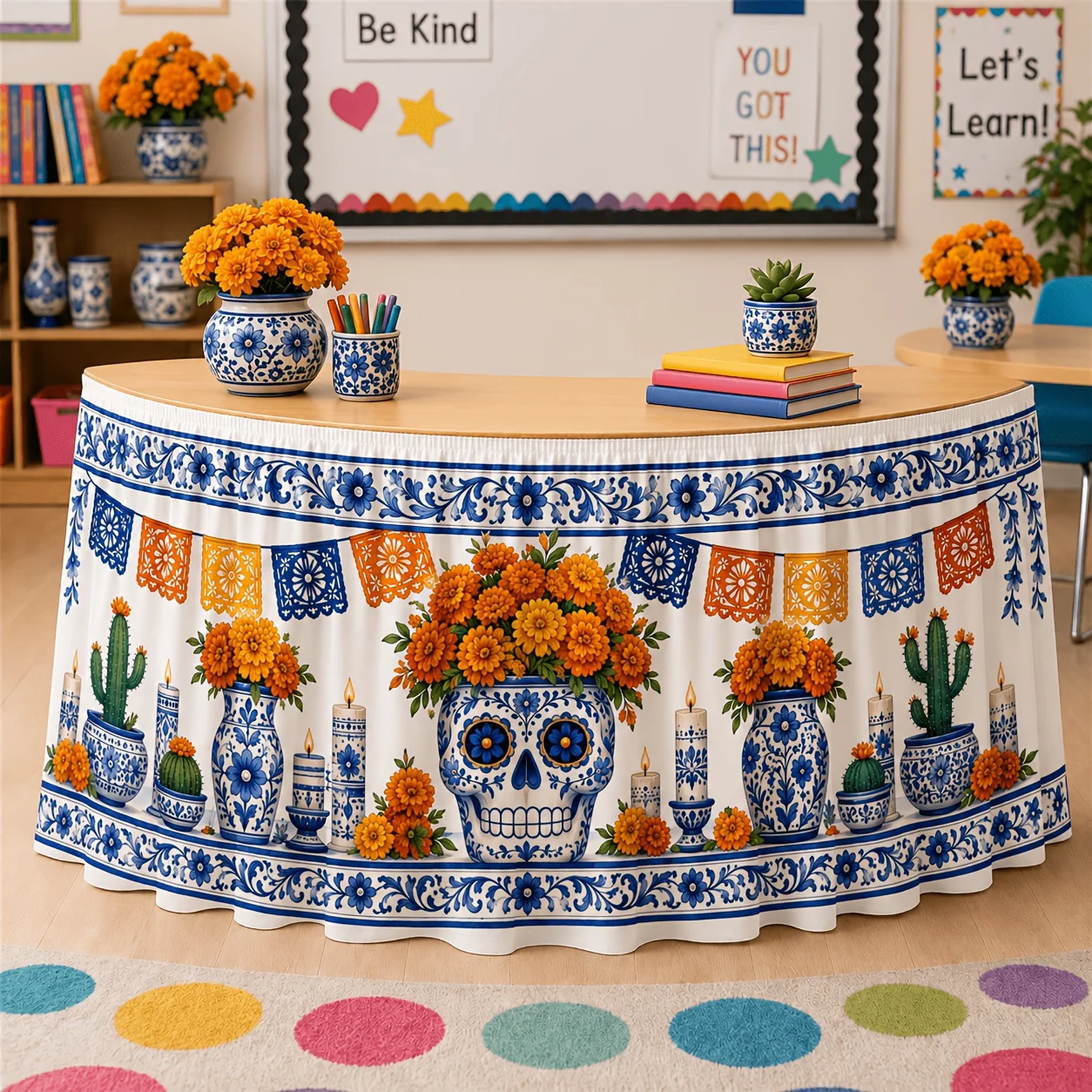 One table skirt. Mexican Day of the Dead table skirt. Printed pattern. Polyester. Sugar skull. Yellow marigold.