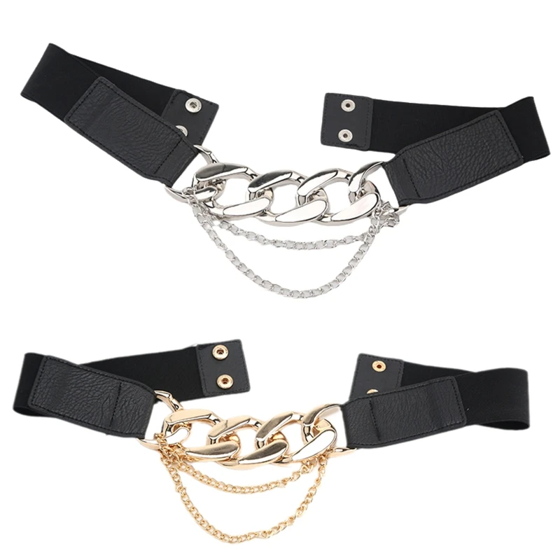 Women Chain Waist Belt Stretchy Belt Faux Leather Elastic Button Dress Belts Trendy Waist Decoration