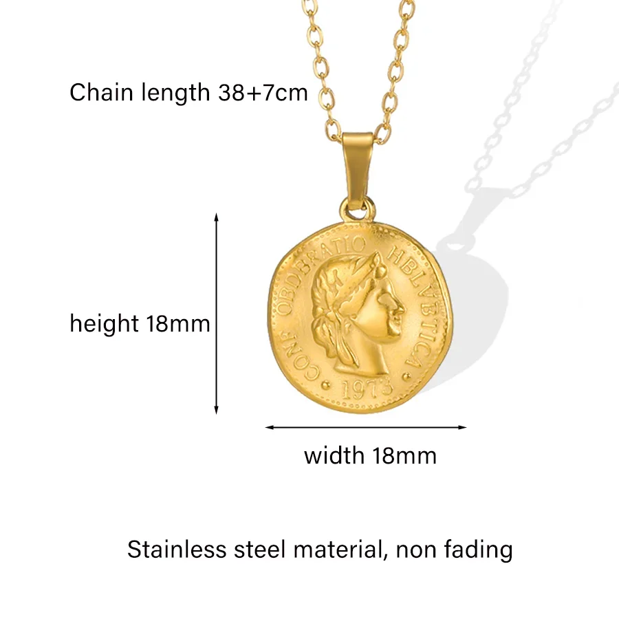 Stainless Steel Portrait Queen Coin Necklace Fashion Gold Color Round Coin Carved Queen Pendant Choker Waterproof Female Jewelry