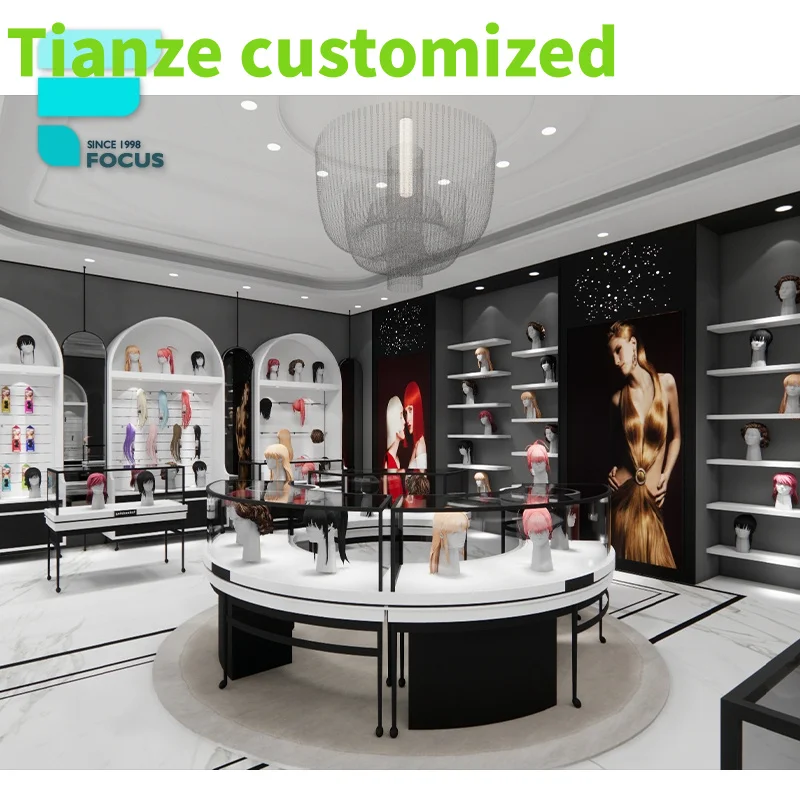 

Customized-Modern Hair Salon Interior Designs Stylish Wigs Display Stand Show Cabinet Furniture Chain Salon