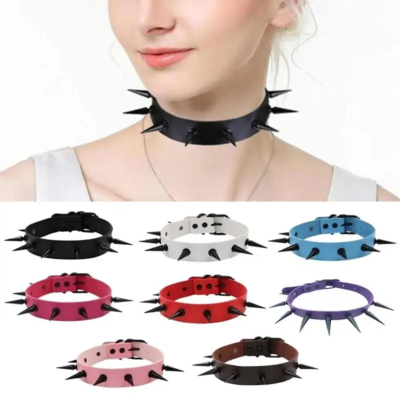 Exaggerated Gothic Spiked Choker 5CM PU Leather Woman Punk Collar Necklace Adjustable for Festival Cosplay Outfits
