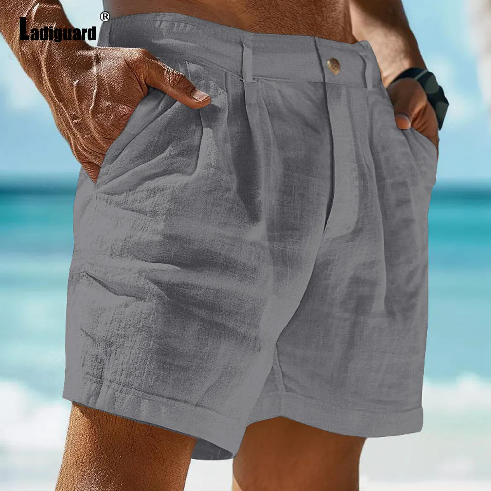 Men\'s Stand Pocket Shorts 2024 American and European Style Men Casual Linen Short Pants Solid White Black Soft Beach Shorts New