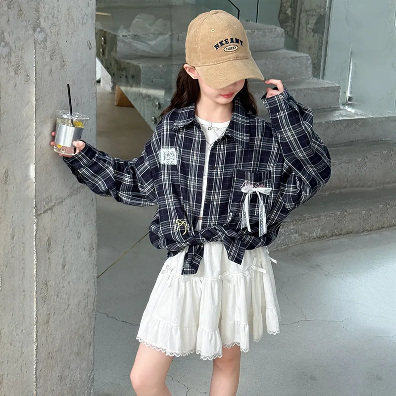 

School Girls Autumn T-shirt Lace Bowknot Pocket Turn Down Collar Kids Girls Top Plaid Long Sleeves Children Girls Shirt