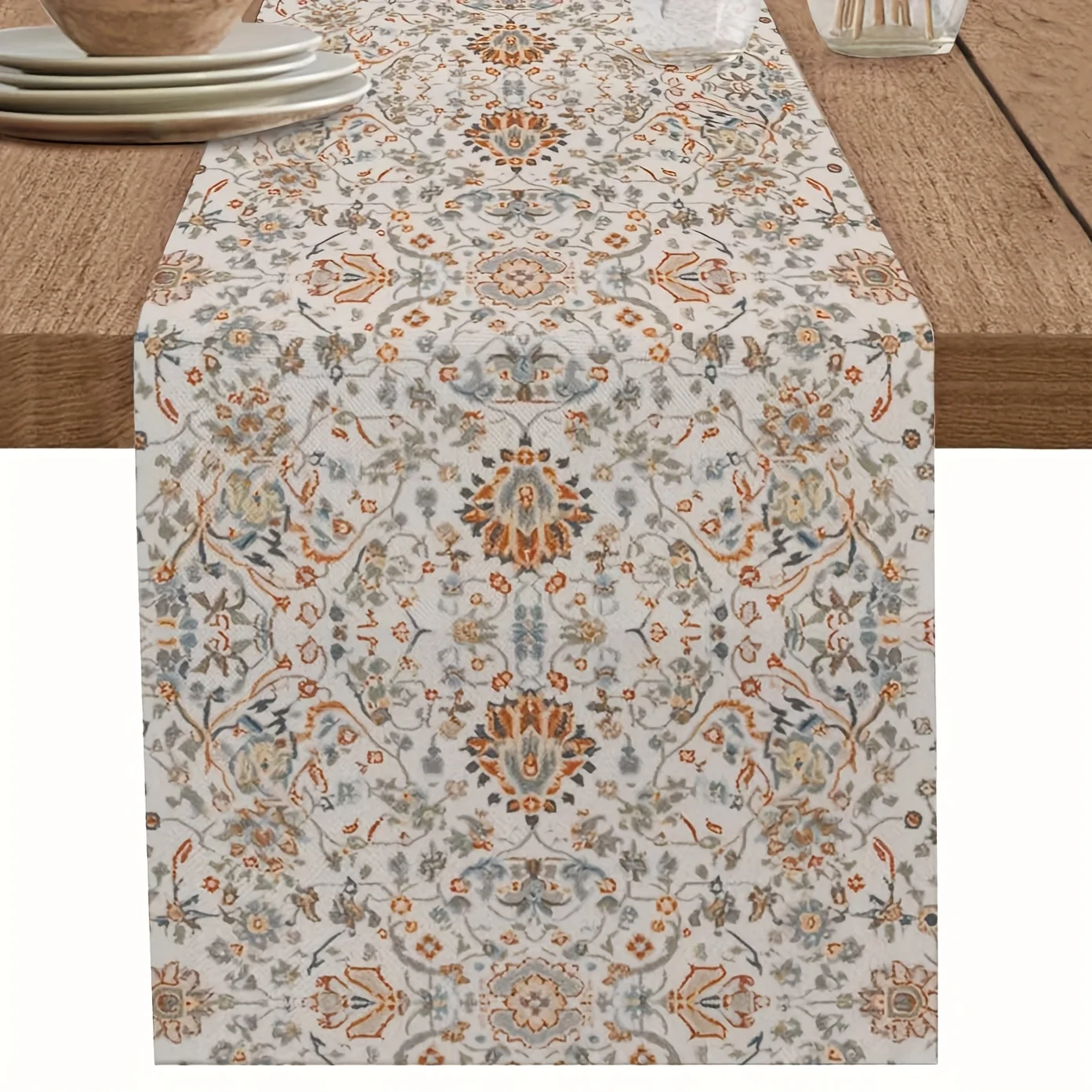 Böhmischer Retro Tribal Tischläufer |   Lebendige Blumenmuster in Orange, Beige und Weiß |   Boho-Dekor für Küche, Esszimmer, Party