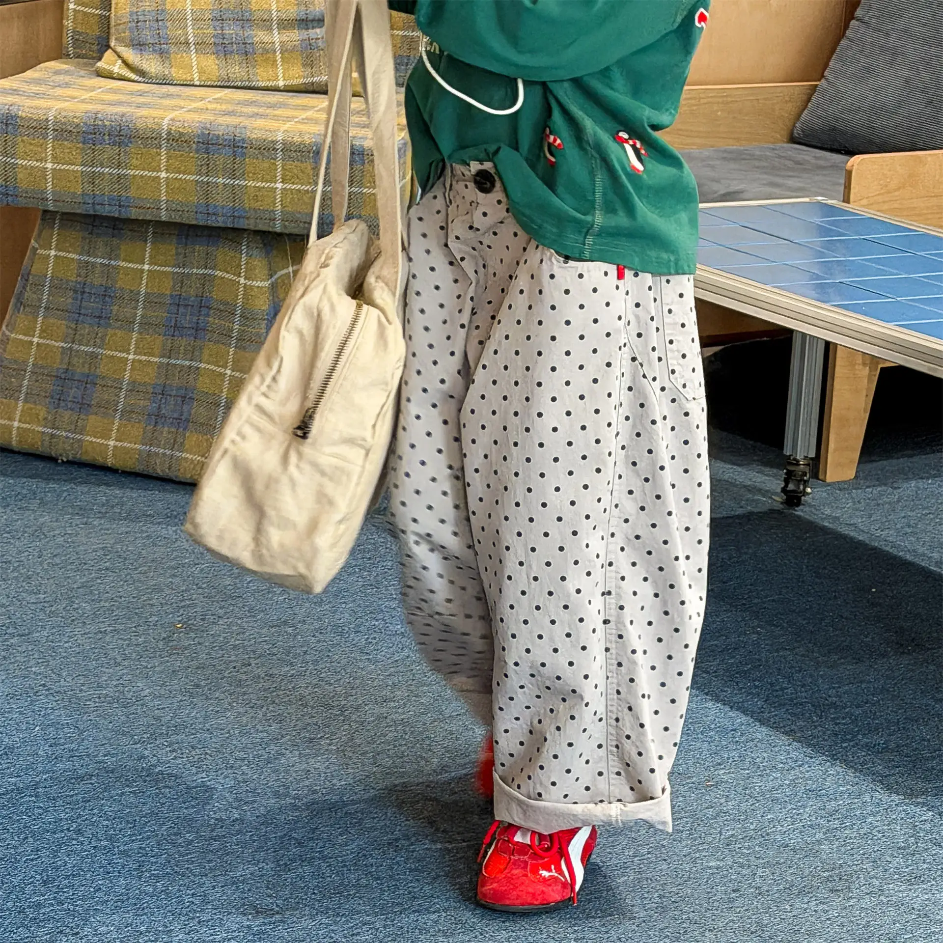 

2026 Spring New Children Loose Harem Pants Cotton Boys Girls Polka Dot Trousers Fashion Toddler Casual Pants Kids Clothes