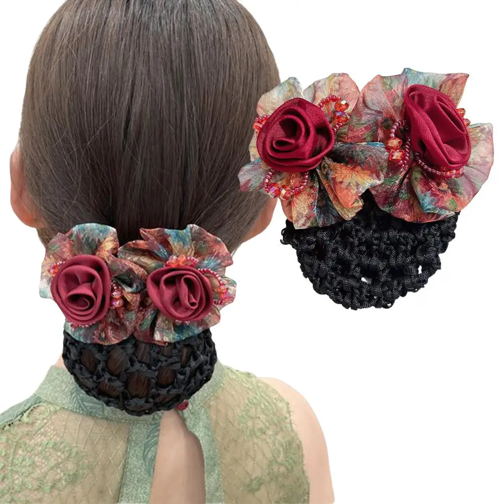 Elegant Mesh Flower Crystal Bun Snood Spring Clip For Women Nurse Flight Attendant Hair Clip Hairnet Cover Hairpins Girl Bu S8T2