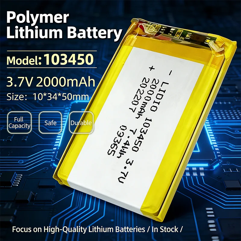 

103450 3.7V 2000mAh Polymer Lithium Rechargeable Battery jst PH 2.0mm 2pin plug for Camera GPS navigator MP5 Bluetooth Headset