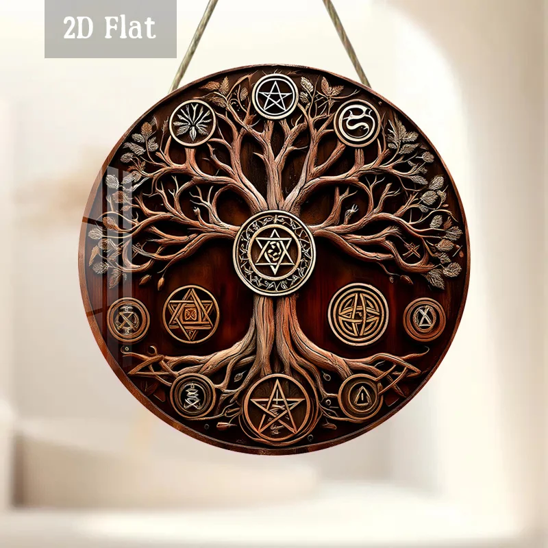 2D Flat, 1pc Sacred Tree Wooden Panel Wall Art - Mystical Pentacle & Sacred Tree Design Retro Round Frameless Suitable for Home,