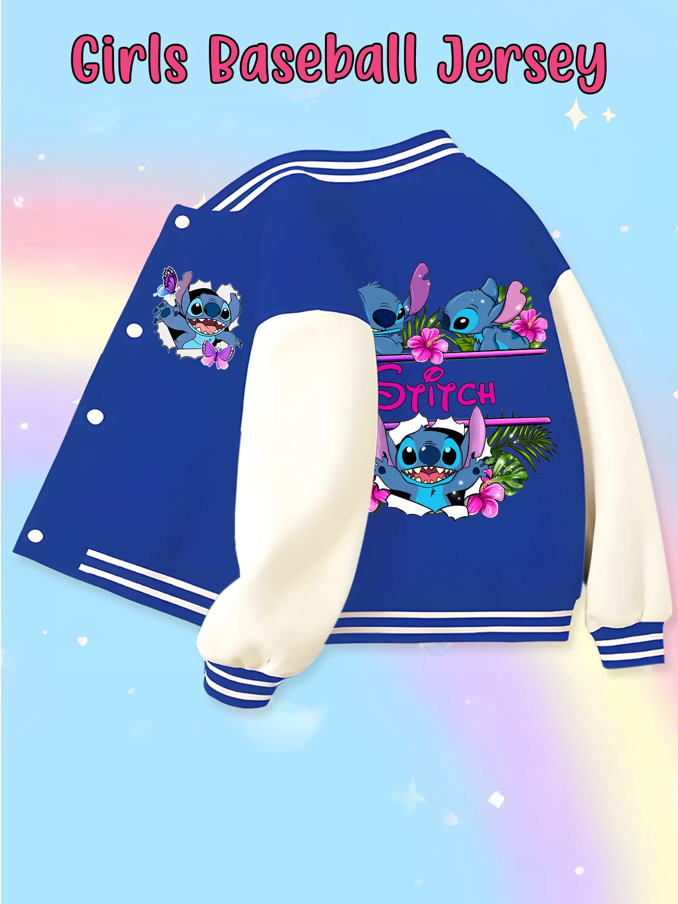Disney fashion trend baseball jacket, suitable for daily sports and casual wear, printed with cute Stitch pattern, nice gift.