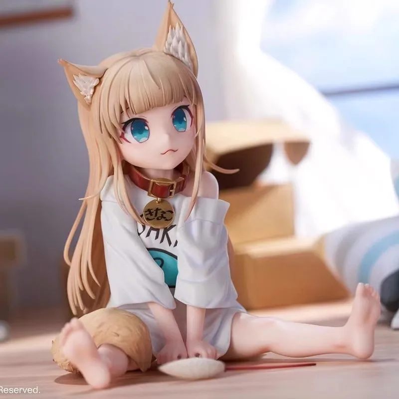 Polvere di fagioli gialli Figura anime Ragazza seduta che mangia pesce Modello di gatto Regalo di compleanno da collezione Robot giocattolo bidimensionale