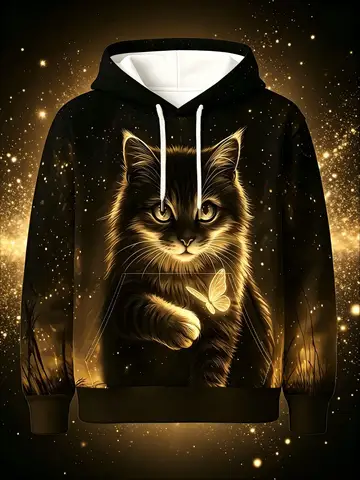 American men's autumn wish kitten butterfly print soft and comfortable hooded sweatshirt long sleeved T-shirt outdoor casual top