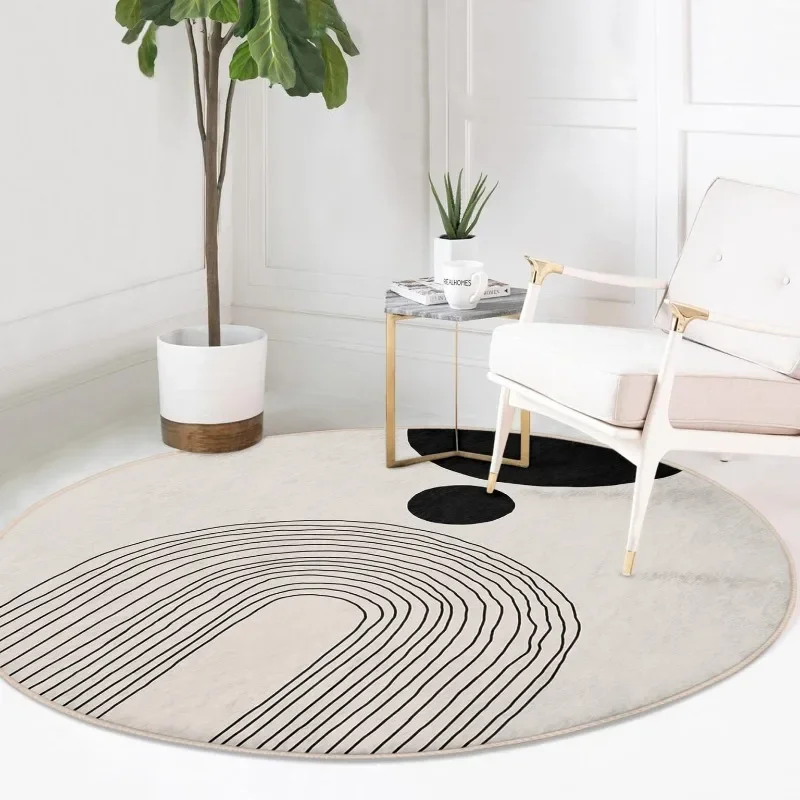 Minimalist Abstract Art Round Rug, Circle and Curved Lines Design Floor Mat, Contemporary Living Room Area Carpet