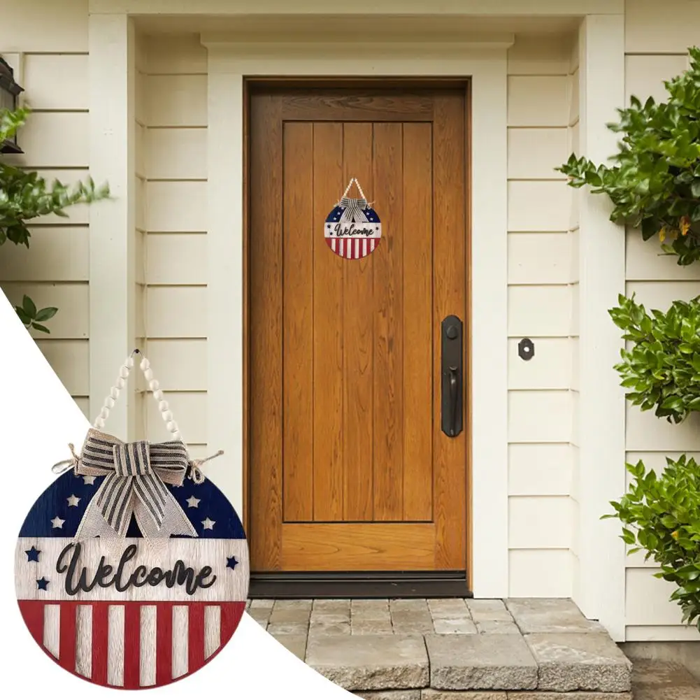 Welcome Doorplate 4th of July Patriotic Door Sign with Us Flag for Indoor Outdoor Use Festive Front Door Wall Hanging Welcome