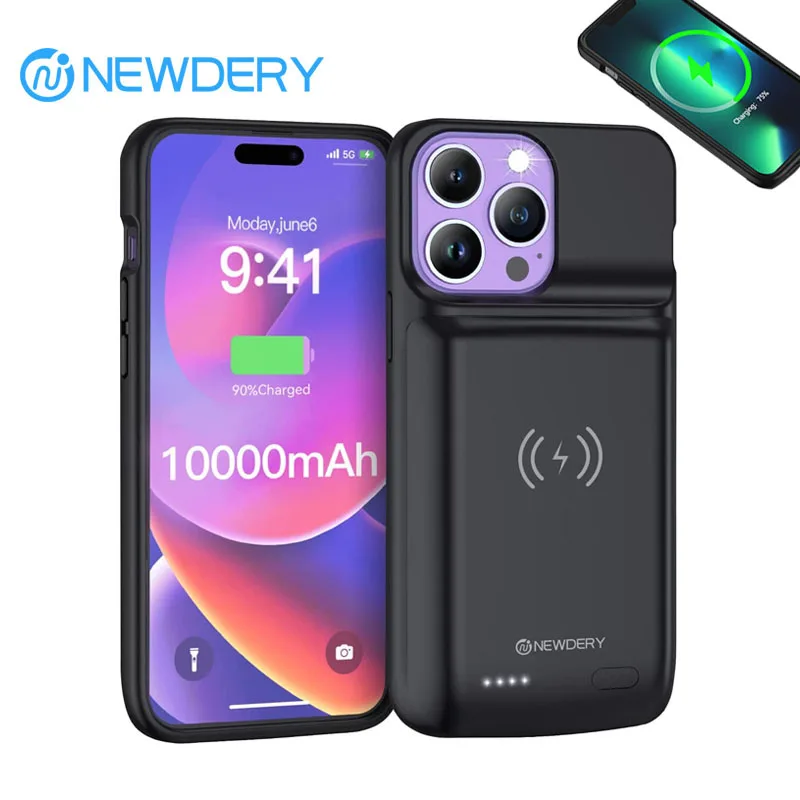 NEWDERY 10000mAh Battery Charger Case for iPhone 14 Pro Max Wireless Charging Power Bank Case Battery Pack for 13/12 Pro Max