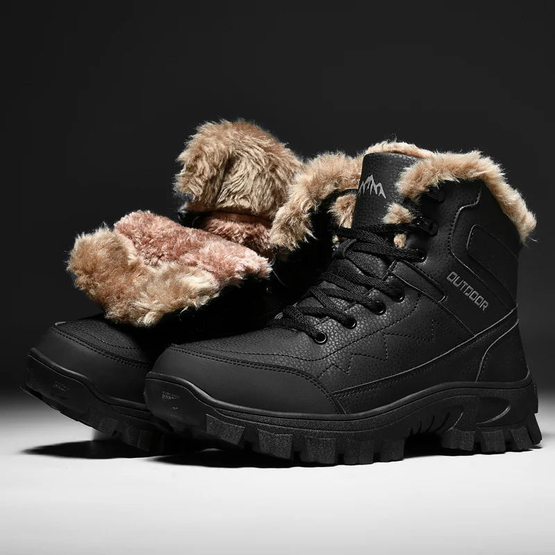 Outdoor Men's Fleece Lined Waterproof Cotton Snow Boots Winter Cotton Mountain Climbing Shoes Round Toe Mid Heel Boots