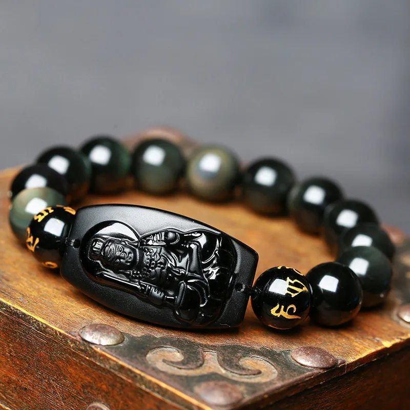 

Natural Black Gold Matte Obsidian Zodiac Guardian Bracelet Men And Women Eye Birth Year Buddha