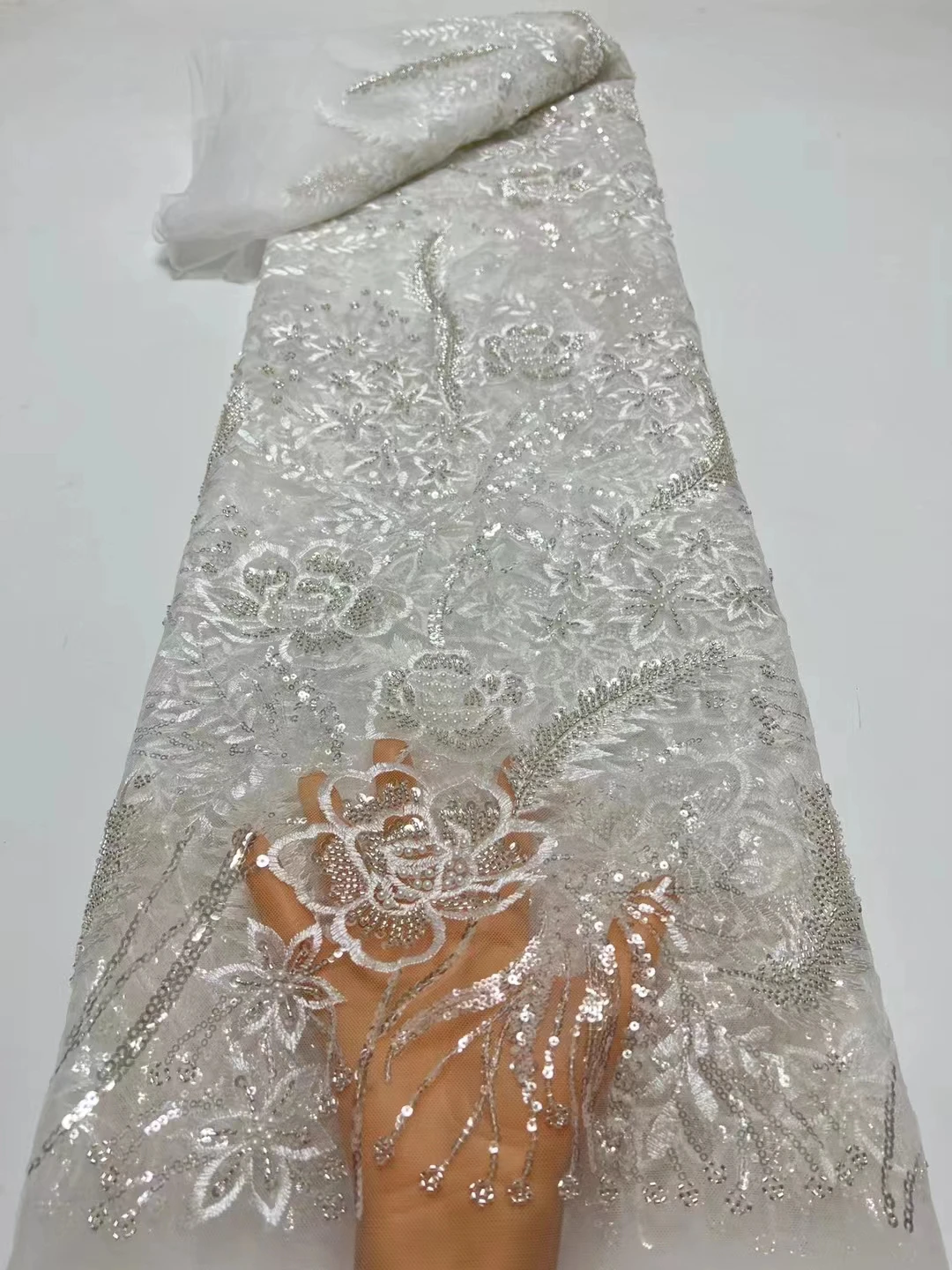 

Latest African Lace Fabric Sequins Beaded Embroidery Nigerian Bridal High Quality French Tulle Lace Fabric For Wedding Party HX