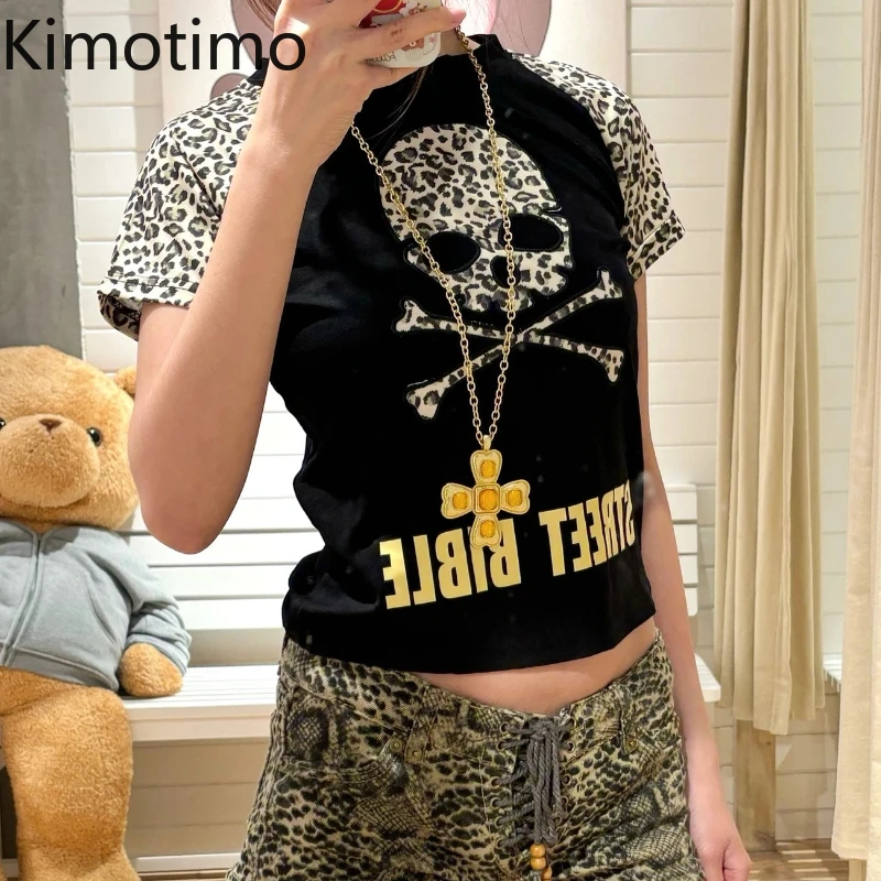 

Kimotimo Vintage Punk Leopard Patchwork Short Sleeve T-shirt Women Skull Letter Print Slim Fit Crop Top Harajuku Y2k Gothic Tees
