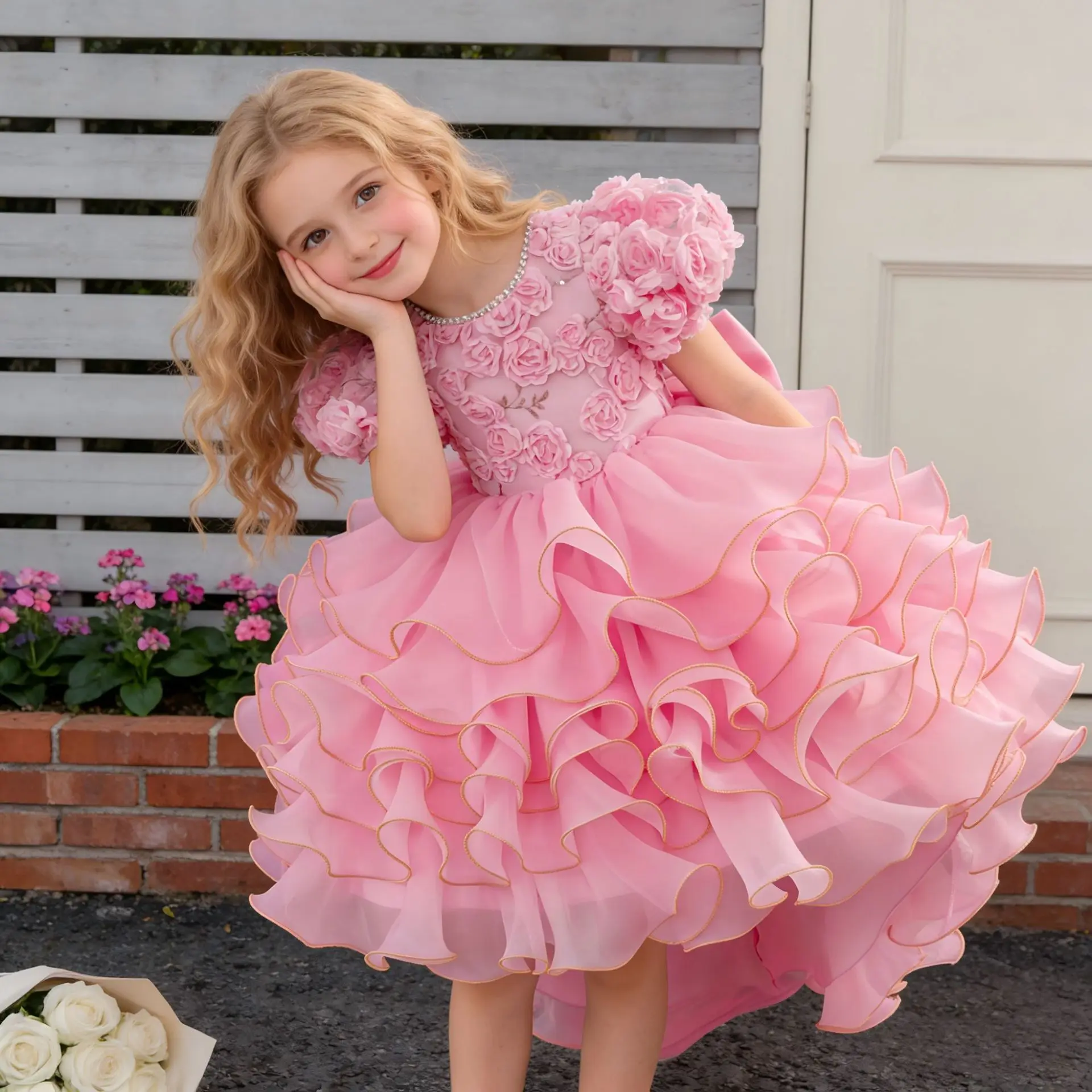 Girls Birthday Party Gown Flower Girl Dress 3D Floral Tiered Cake Princess Dress High-Low Tulle Skirt Big Bow Kids Pageant Gown