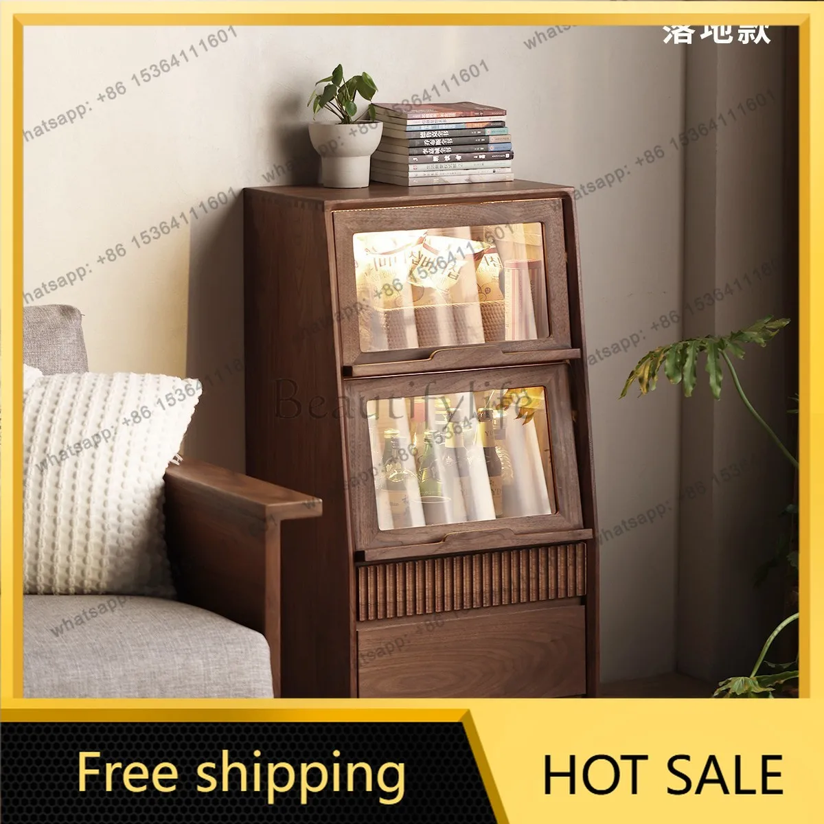Factory Direct Sales North American Black Walnut TV Side Cabinet Solid Wood Flip Glass Door Bucket Cabinet
