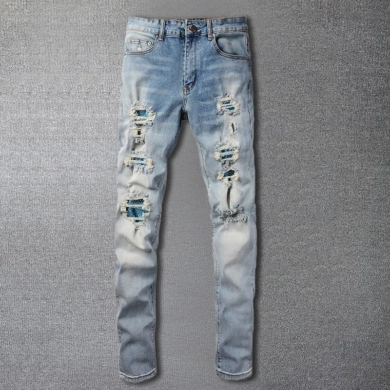 

Fall Winter Motorcycle Pants Ripped Men Jean Rhinestones High Street Zipper Jean For Men Casual Hip Pop Men Jean Hombre Homme