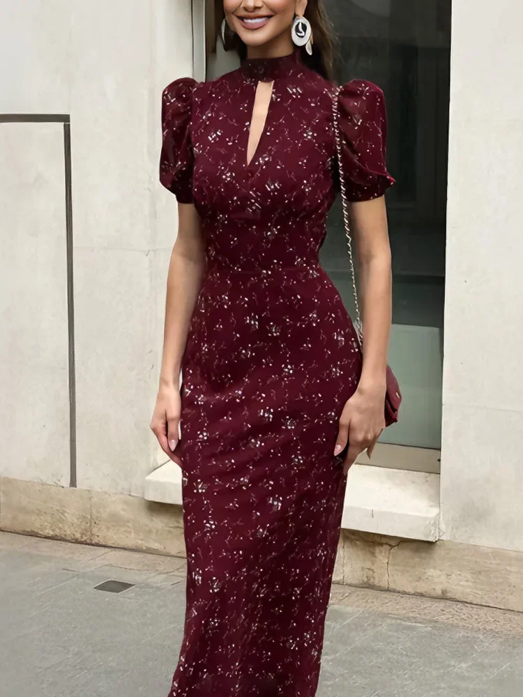 

Fashion Elegant Printed Long Dress Women's V-Neck Short Sleeve High Waist Patchwork Hollow Out Dress Female Summer Dress