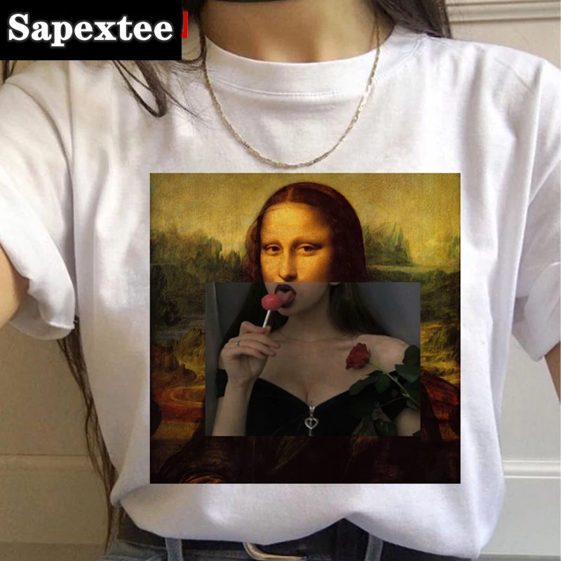 Mona Lisa Aesthetic Funny Cartoon T Shirt Women Grunge Vintage 90s T-shirt Graphic Fashion Tshirt Streetwear New Top Tees Female