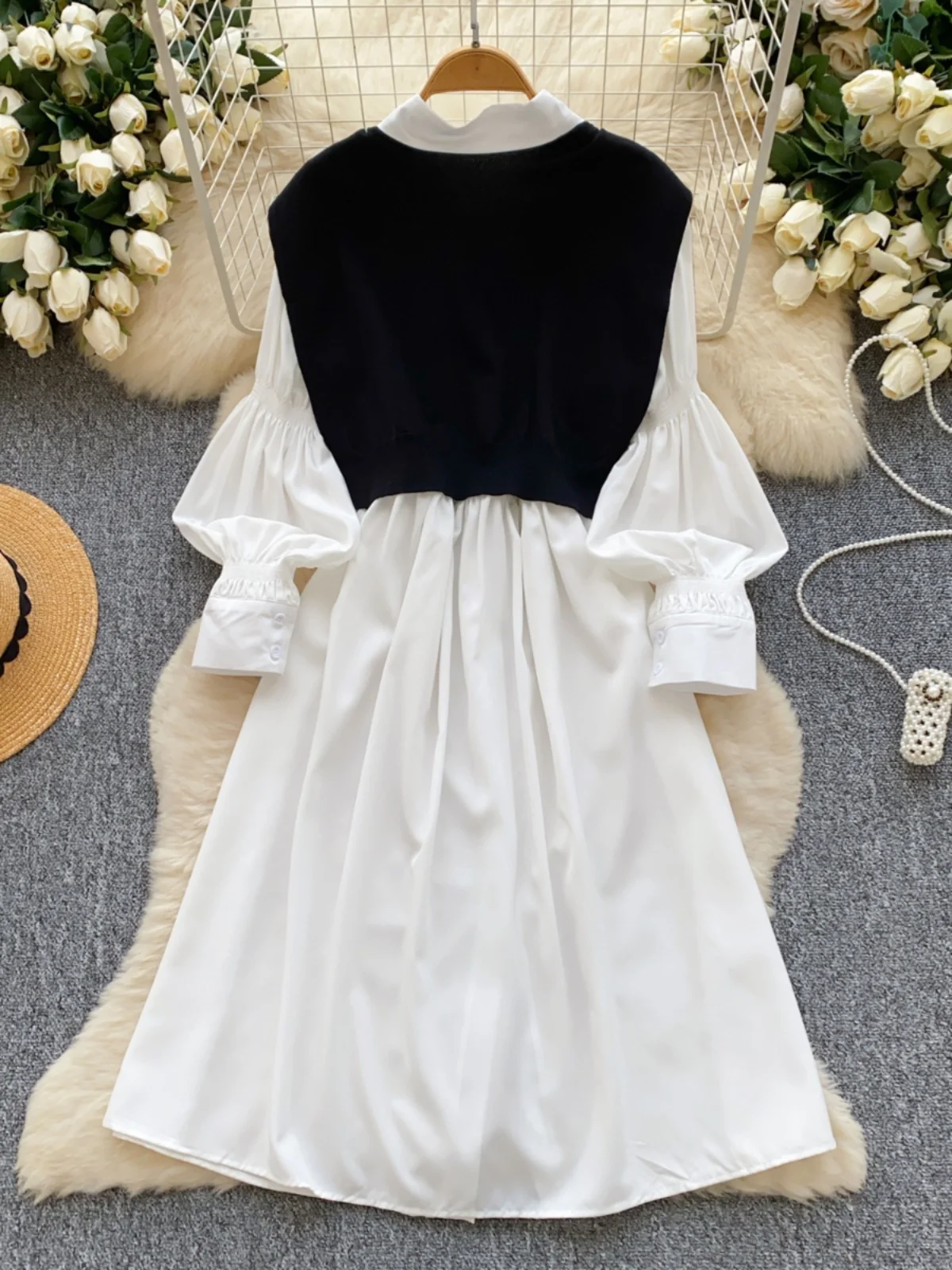 Ele White irt Dr with Bubble Sves Waist-Cinching Knitted awl Two-Piece Set for Young Women Faionable Court Sle