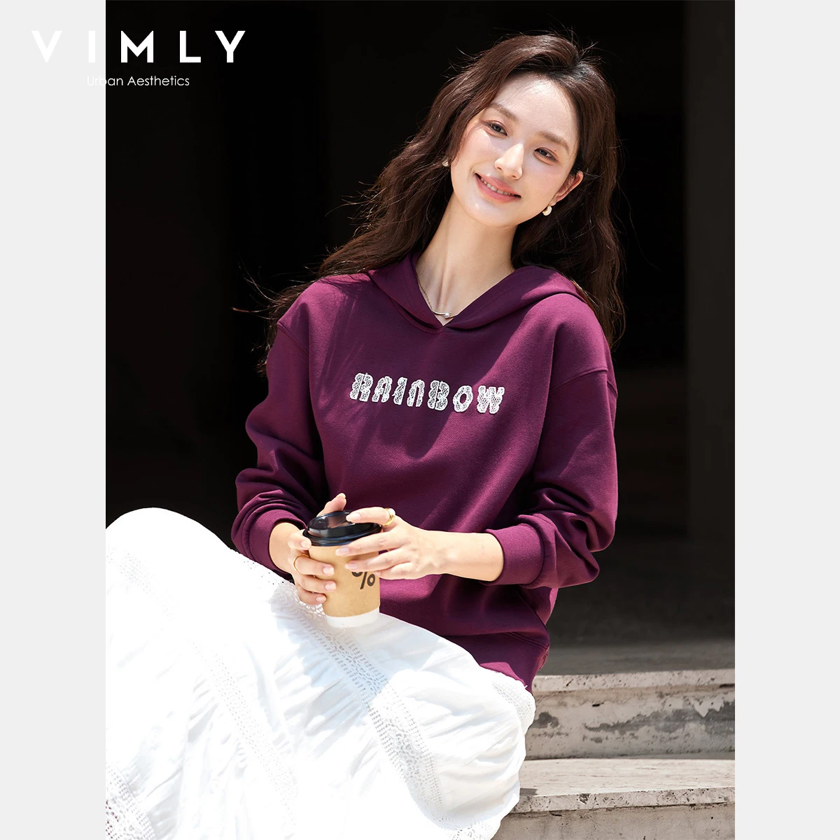 VIMLY Hoodies Woman Letter Embroider Purple Autumn 2025 New Casual Long Sleeve Loose Tops Sporty Knitted Sweatshirt Female A1977