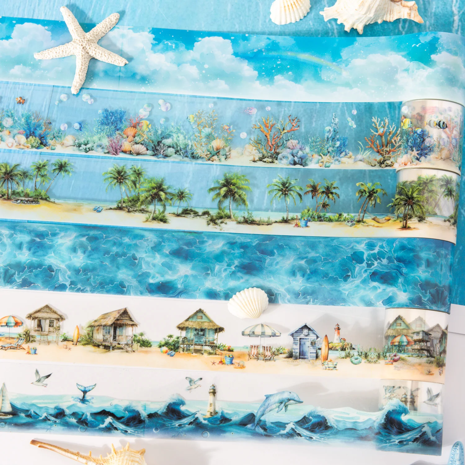 1 Roll Summer Seascape Diorama Washi Tape for Scrapbooking, DIY Decoration, Phone Case Notebook Journal tape, Collage Material