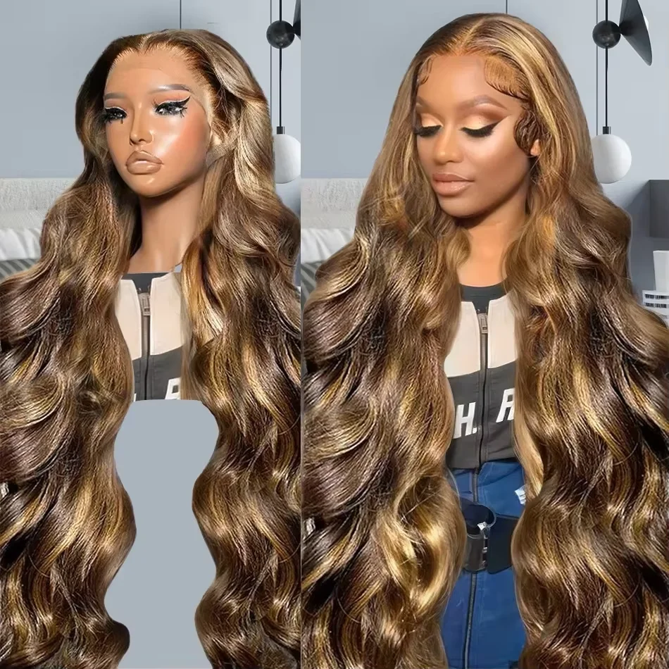 

P4/27 Highlight Body Wave 13x4 13x6 HD Lace Frontal 40 46 Inch Chocolate Brown Colored Human Hair Wigs Pre-Plucked Wig For Women