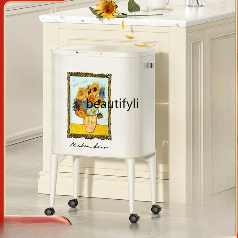 Avoid Bending High-Leg Kitchen Trash Can Household Large Capacity Movable with Wheels