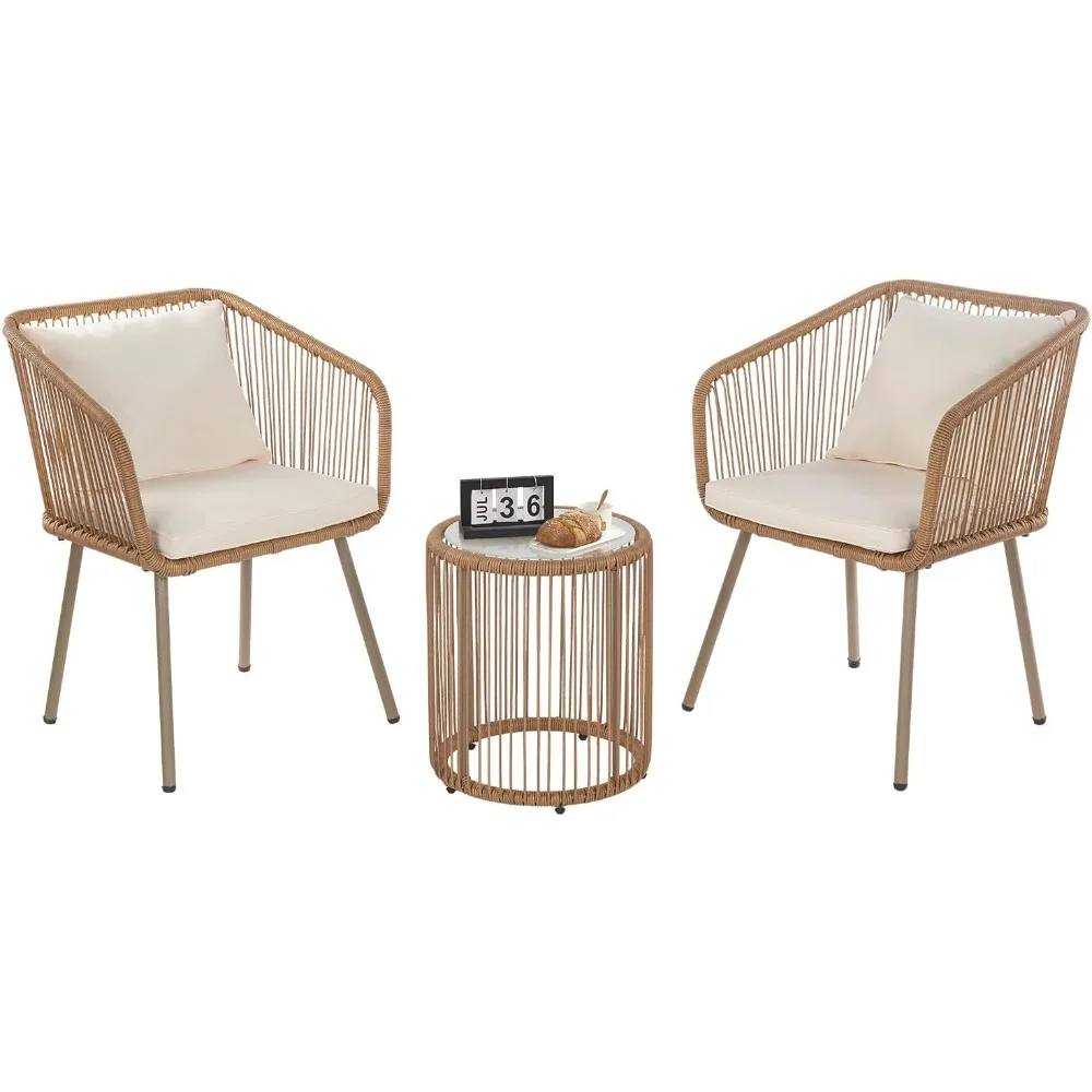 

3 Piece Patio Furniture Set Outdoor Wicker Patio Chairs All Weather PE Bistro Set with 2 Rattan Outdoor Chairs Coffee Table Cush