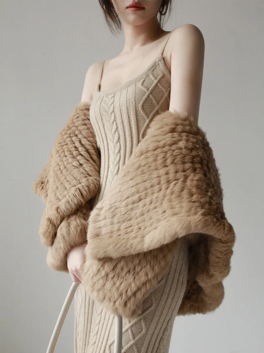 Long Sleeve Casual Loose Knitted Real Rabbit Fur Hooded Coat Women Genuine Natural Rabbit Fur Outwear Female Fur Jacket