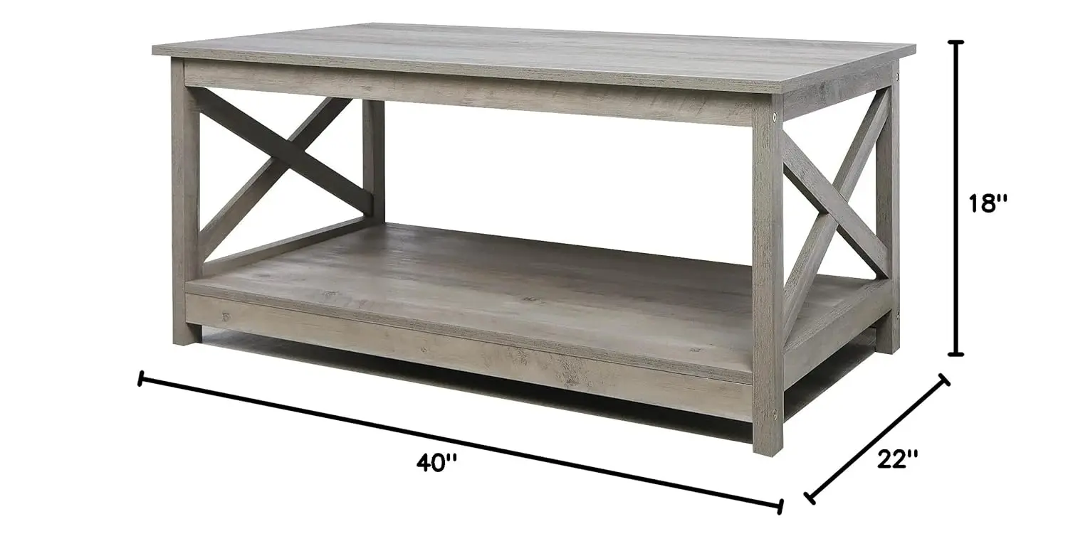 طاولة القهوة، طاولة القهوة الخشبية الحديثة للمزرعة مع مساحة تخزين من طبقتين، 40 بوصة، أثاث غرفة المعيشة البلوط المغسول