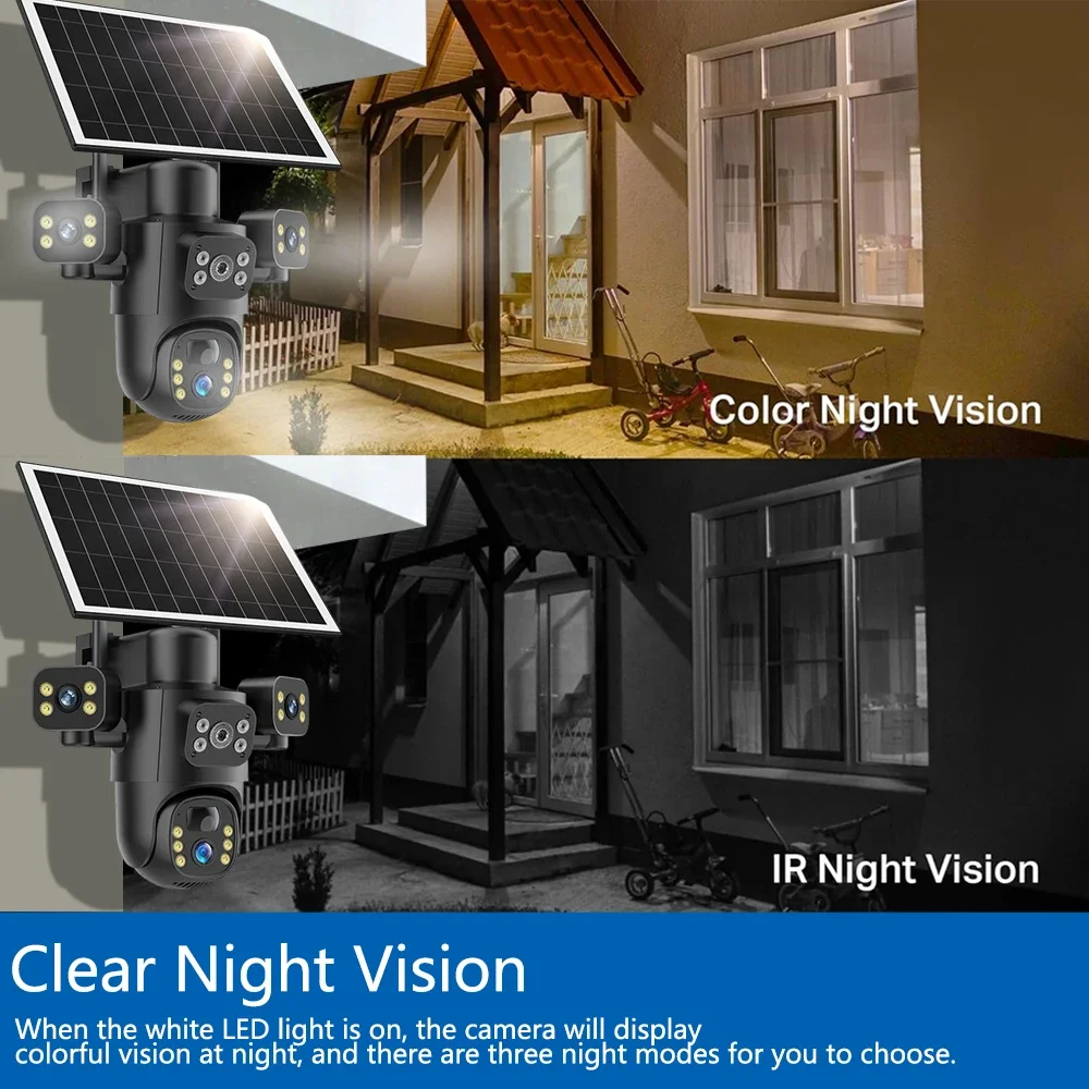 8K 15MP 4G SIM Solar Camera Outdoor 3 Lens 3Screen Surveillance CCTV PTZ PIR Detect Auto Tracking Solar Security Camera V380 Pro